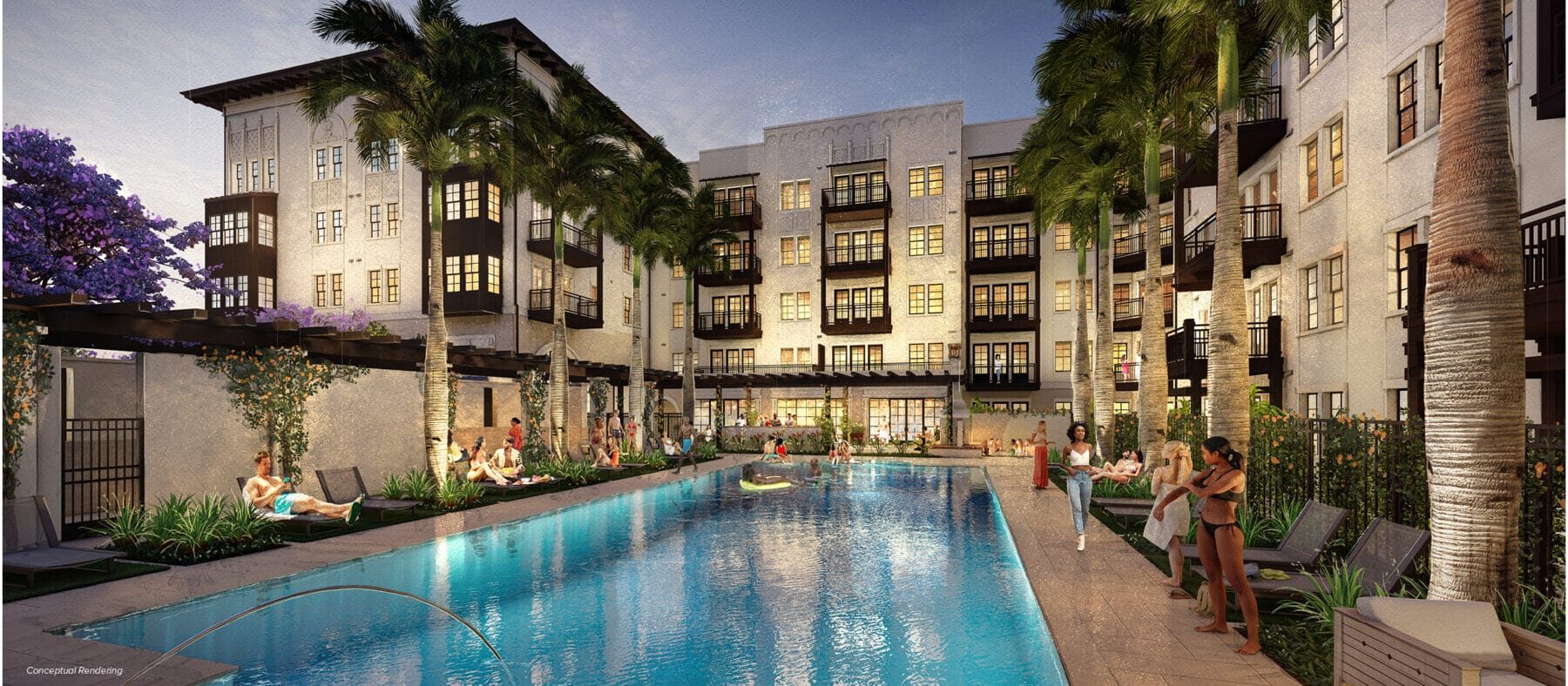 Broker conceptual rendering of a landscaped pool courtyard surrounded by apartments, with seating, balconies, and palm trees.