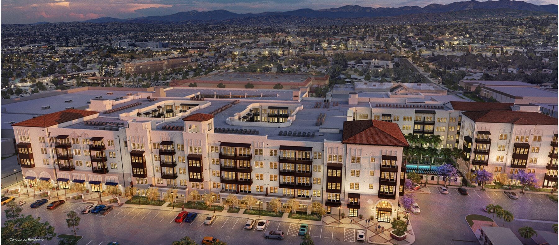 Broker conceptual rendering of the apartment building at dusk, with ground-floor storefronts, upper-floor balconies, parking, and interior courtyards.